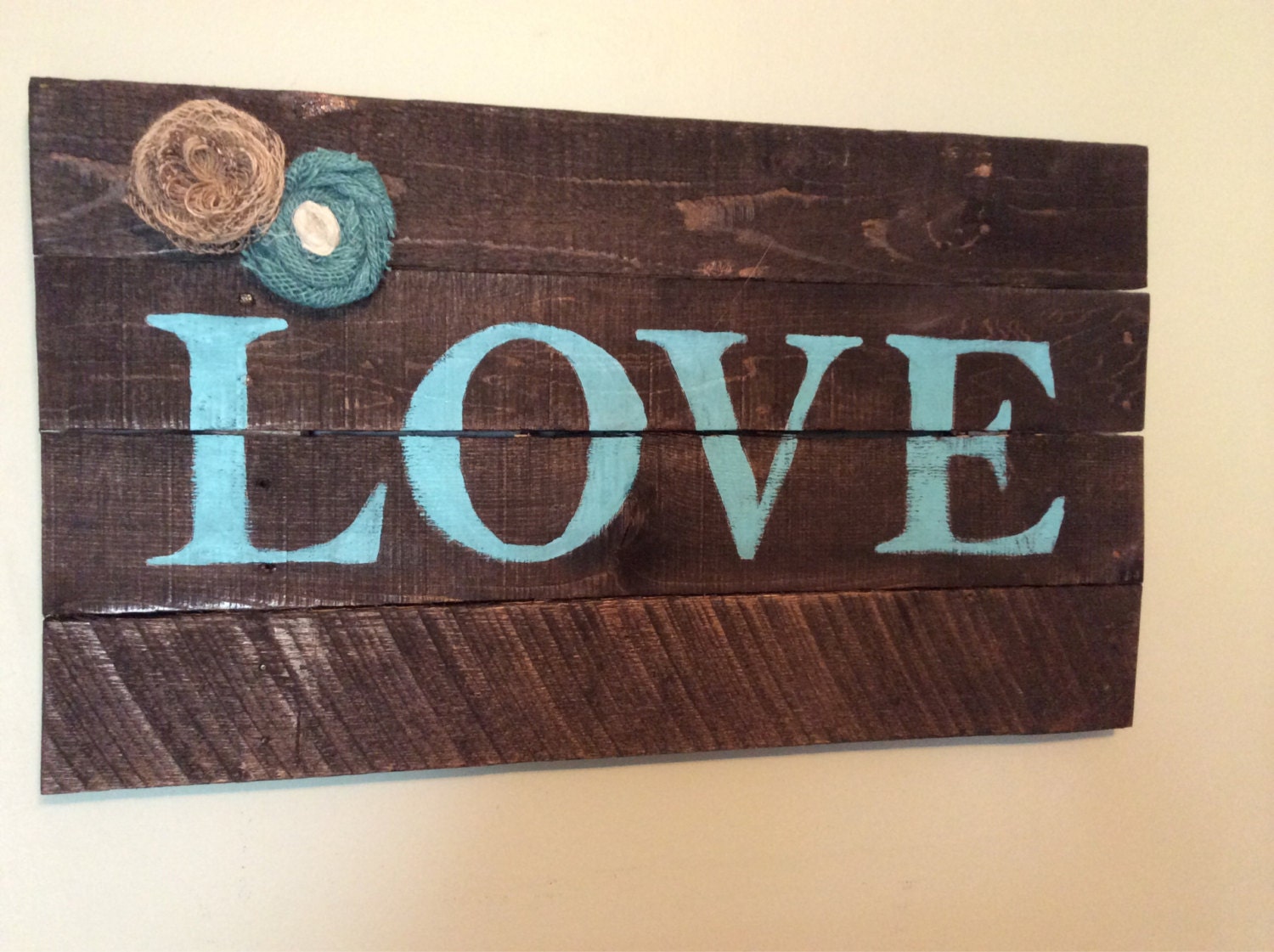 Rustic pallet wood love sign wall hanging in aqua turquoise