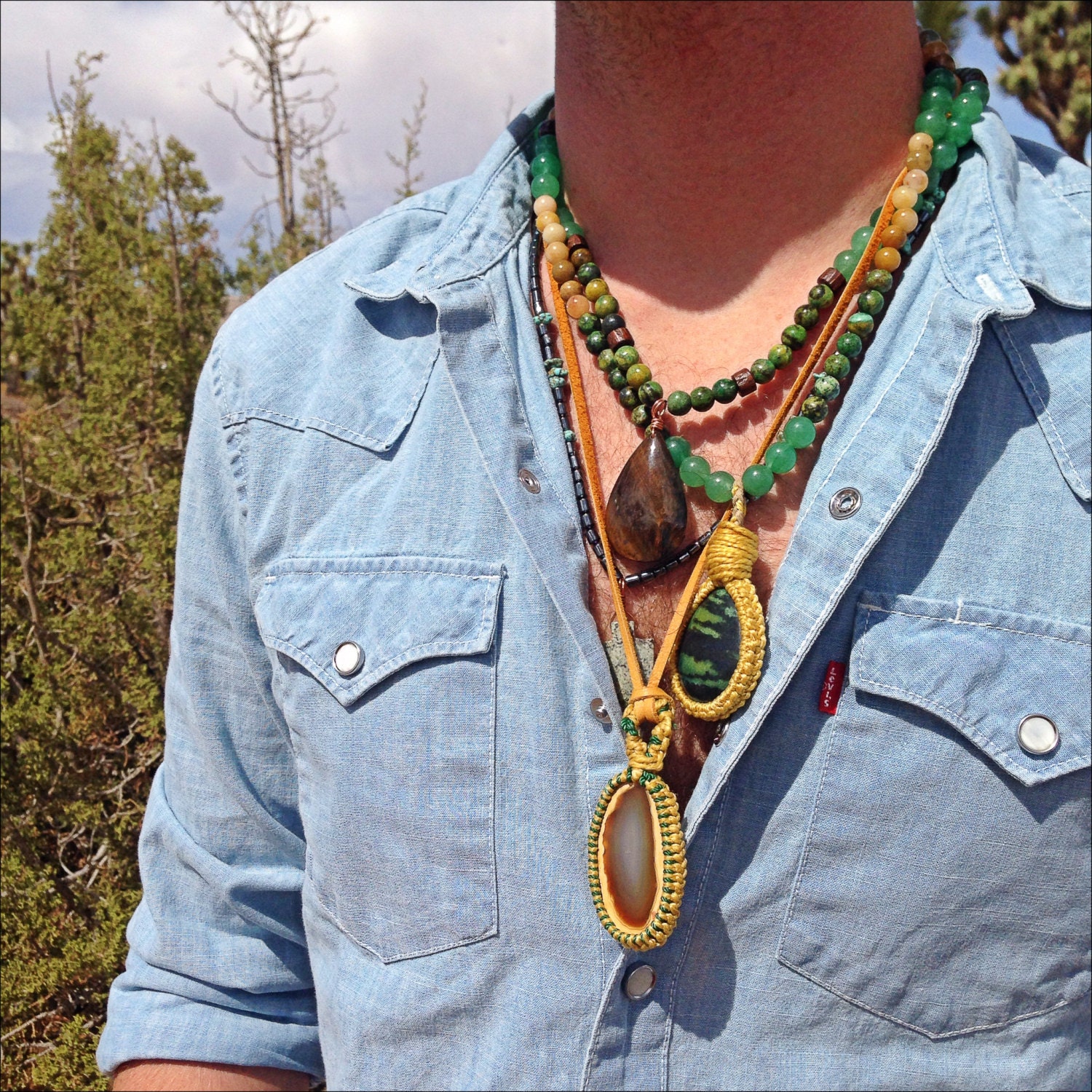 Macrame Bead Necklace / Azurite / Mens by SigridAnneDesign