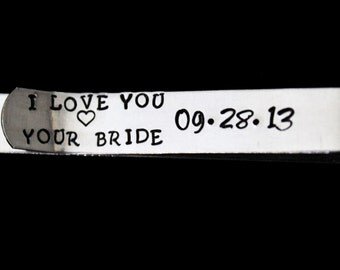 Personalized Tie Clip SPECIAL mesage on back choose your own wording- Hand stamped - great for a gift