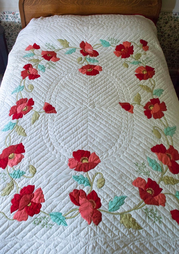 Vintage Applique Quilt Poppy Hand Appliqued Quilt Bucilla