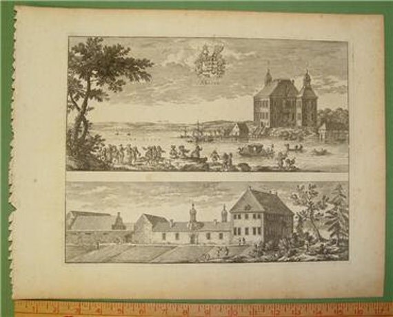 Erik Dahlberg Suecia Antiqua Engraving Views Akeroo Castle and Adoo Estate 1717
