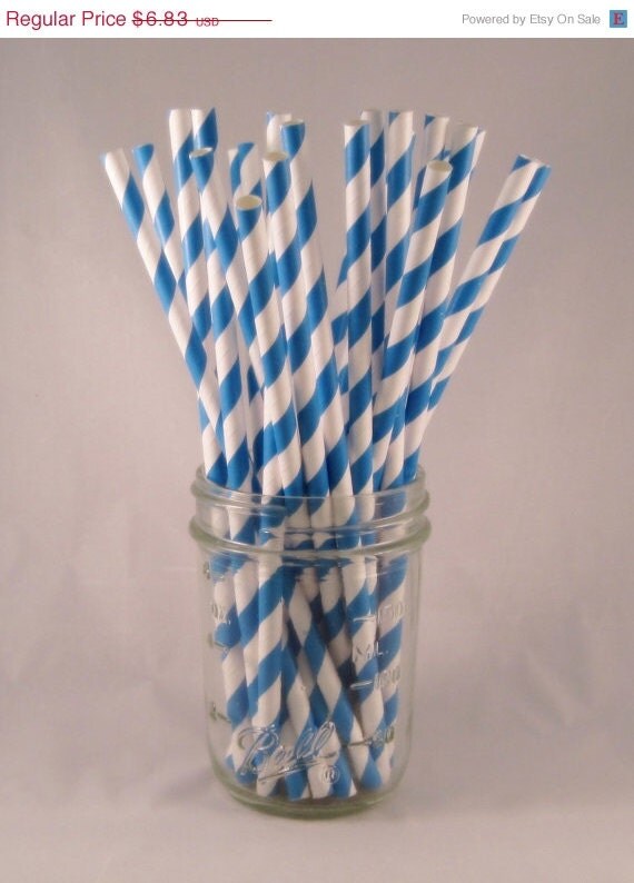 15% off - 50 Bright Blue Stripe Straws - ships less than 24 hours Il_570xn