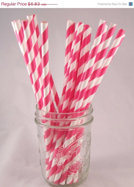ON SALE - 50 Hot Pink Stripe Straws - ships less than 24 hours Il_570xn