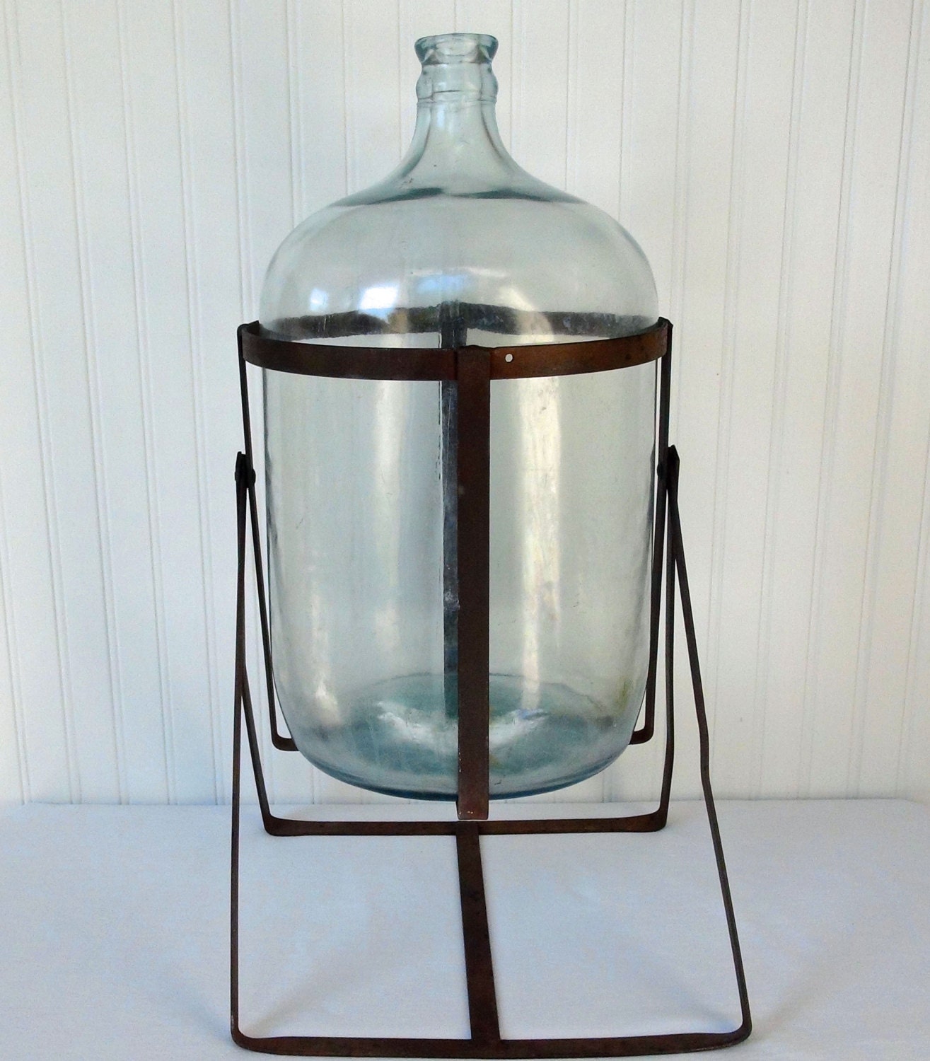 Vintage Glass Carboy Bottle and Metal Stand Rustic by RedouxChic