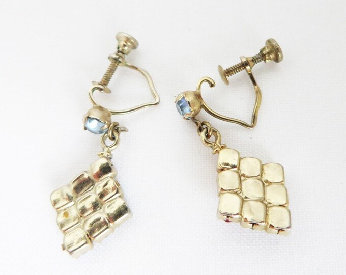 Rhinestone Dangle Earrings, Vintage Red White Blue Screwback Earrings, Diamond Dangles