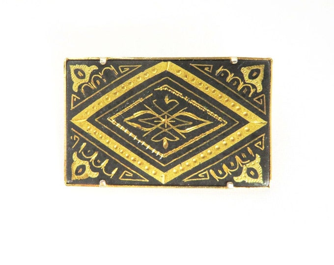 Black and Gold Rectangle Brooch, Vintage Damascene Pin