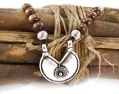 Ethnic Pendant Necklace, Brown Wood Necklace & Silver Tone Beads, Black Leather Cord