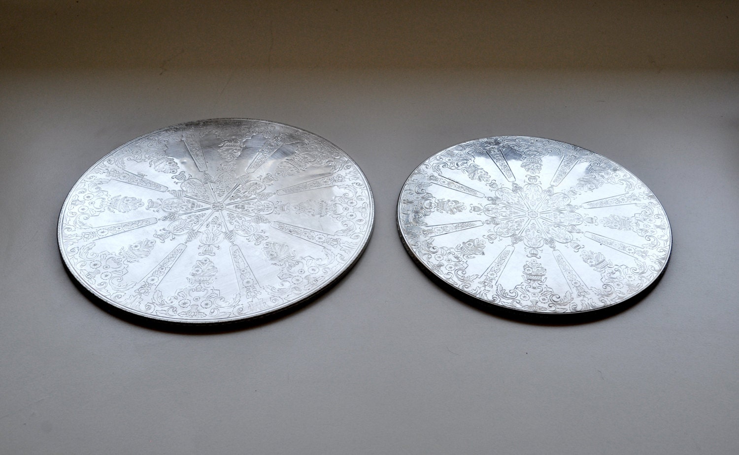 Vintage Pair Engraved Silver Trivets made in Sweden