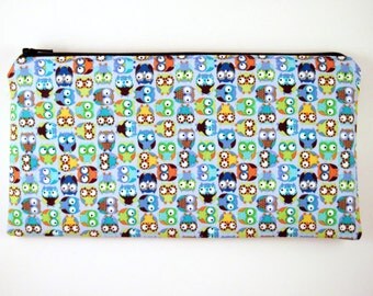 Blue Owl Zipper Pouch, Pencil Pouch, Make Up Bag, Gadget Bag