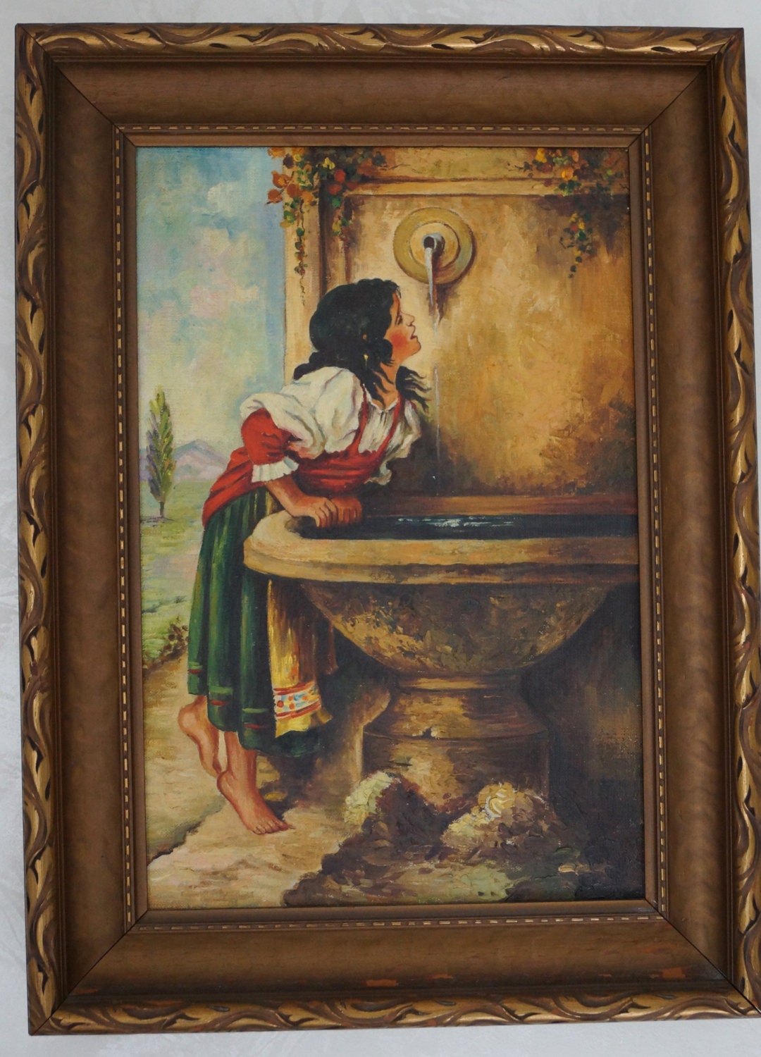 Antique Oil Painting on Canvas with Frame ROMAN GIRL At