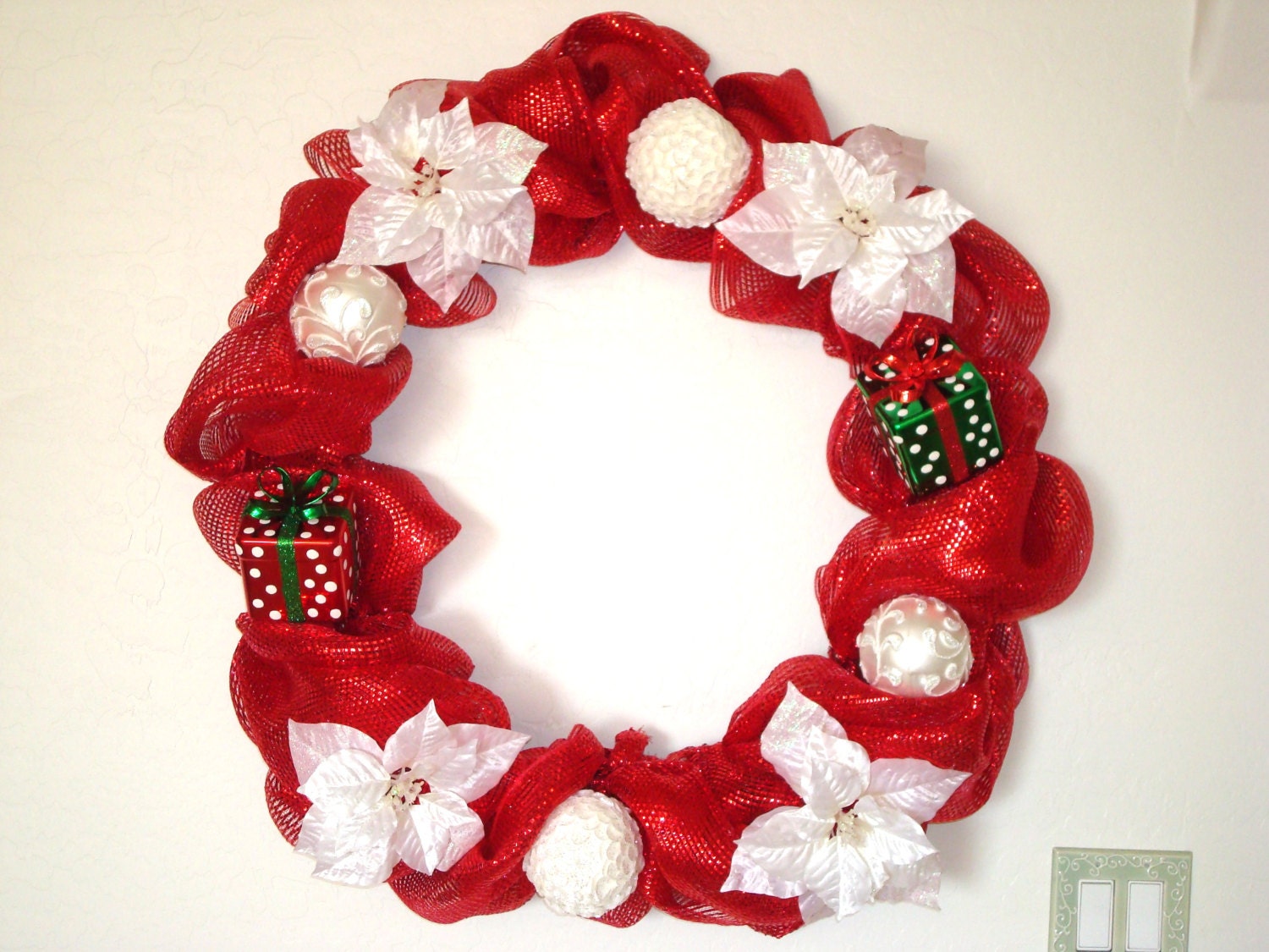 Large Red DecoMesh Christmas Wreath with White Poinsettia flowers