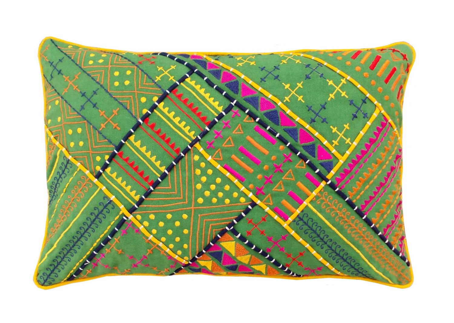 Tribal green pillow embroidered and welted cotton throw