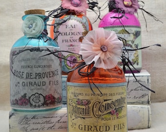 Decorative Glass Bottle with Vintage look French "Parfum" Label- Treasury List Item