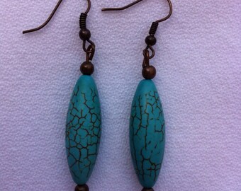 Turquoise Dangle Earrings, Oval Beads, Trimmed with Copper Beads and Copper Ear Wires