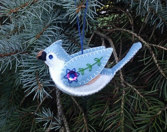 Tufted Titmouse Ornament- Rustic Felt Bird Ornament- Wool Felt Ornament- Folk Art Bird Ornament