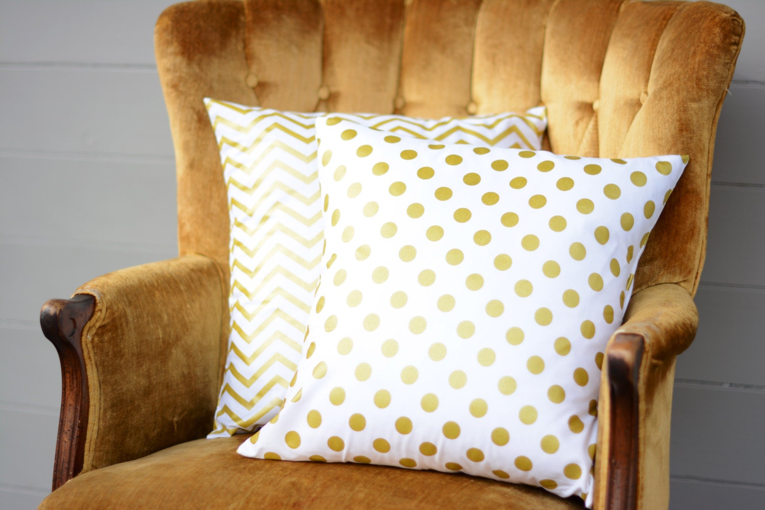 White and Gold Pillow Covers. Two 18 x 18. Sofa