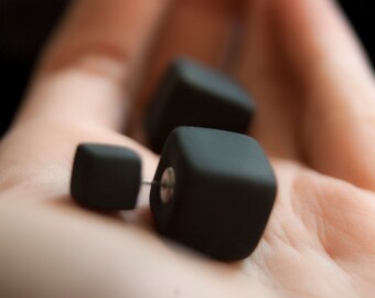 Double Sided Earrings, Double Pearl Earring, Square Tribal Stud Earrings, Black Stud Earrings, Matte Black Earrings, Tribal Earrings