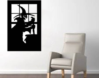 Scary Witch in a Window large Halloween Wall Decal - Black 20"x 30"