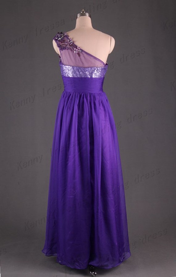 Sexy shoulder dress. Beaded applique purple elegant evening