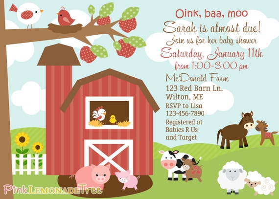 Farm Themed Baby Shower Invitation, Farm Animals, Barn, On the farm