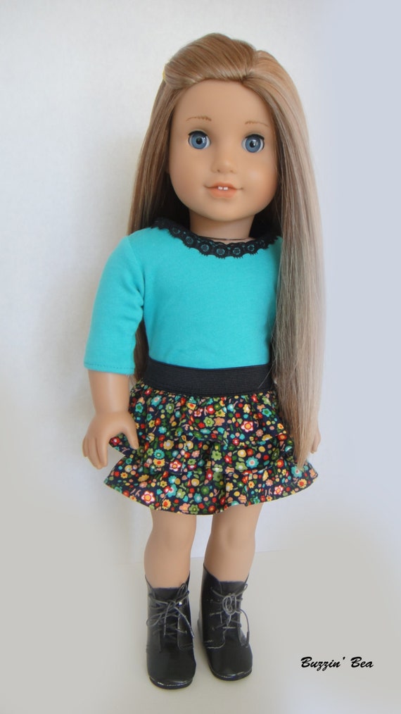 3/4 Sleeve Shirt with Lace Neckline and Floral Ruffled Skirt - American Girl Doll Clothes