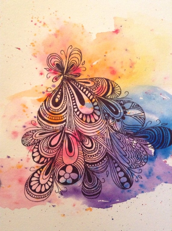 Items similar to Black Zentangle swirl design over watercolor splash