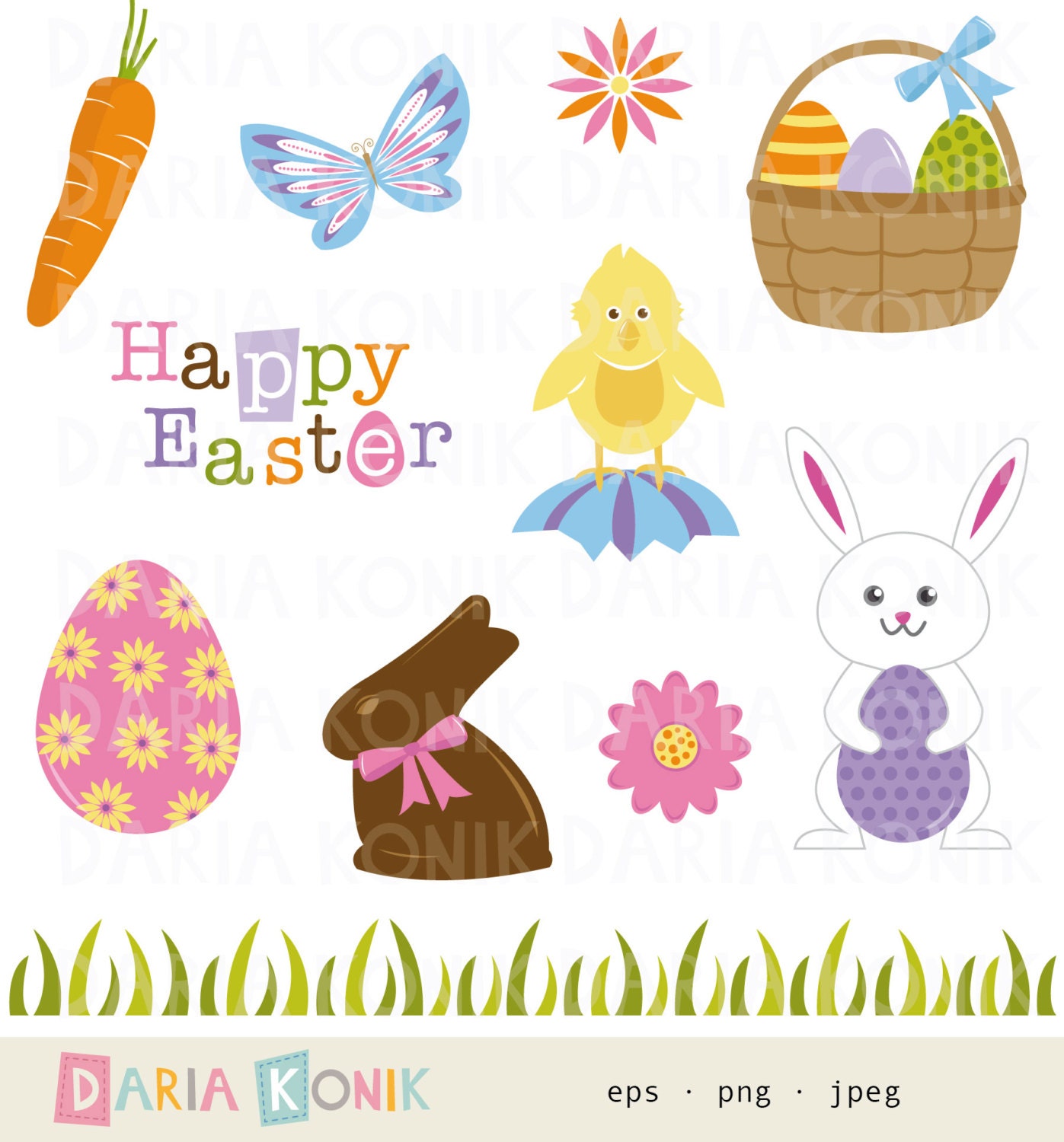 Happy Easter Clip Art Set-Easter egg basket bunny chicken