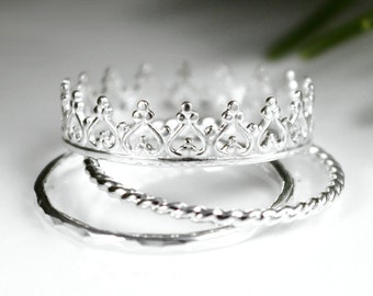 SALE - Princess Crown Ring Tiara Ring Stacking Set, Silver Ring Set