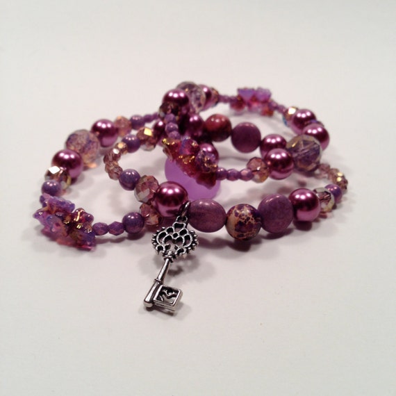 Items similar to glass bead bracelet set w/ purple pearls, purple jasper gemstones, purple sea