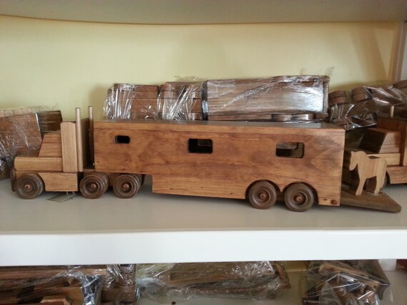 Wooden Horse Trailer Truck Toy Preschool Toddler by RusticToyBarn