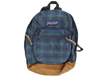 Jansport Backpack Bag Plaid Navy Blue and Green Suede Tan Leather Bottom
