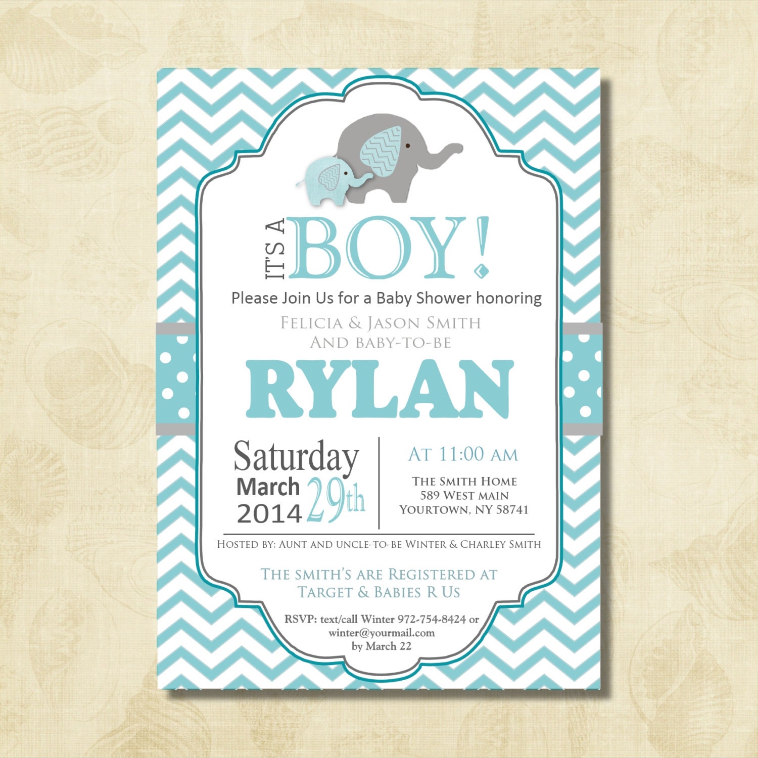 Blue Elephant Baby Shower Invitations Boy Elephant And