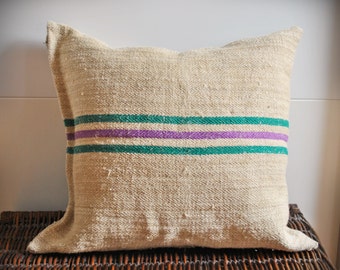 Vintage Authentic Grain Sack Pillow Cover/Antique hemp linen/Gren and Purple Stripes/Handmade Pillow Sham