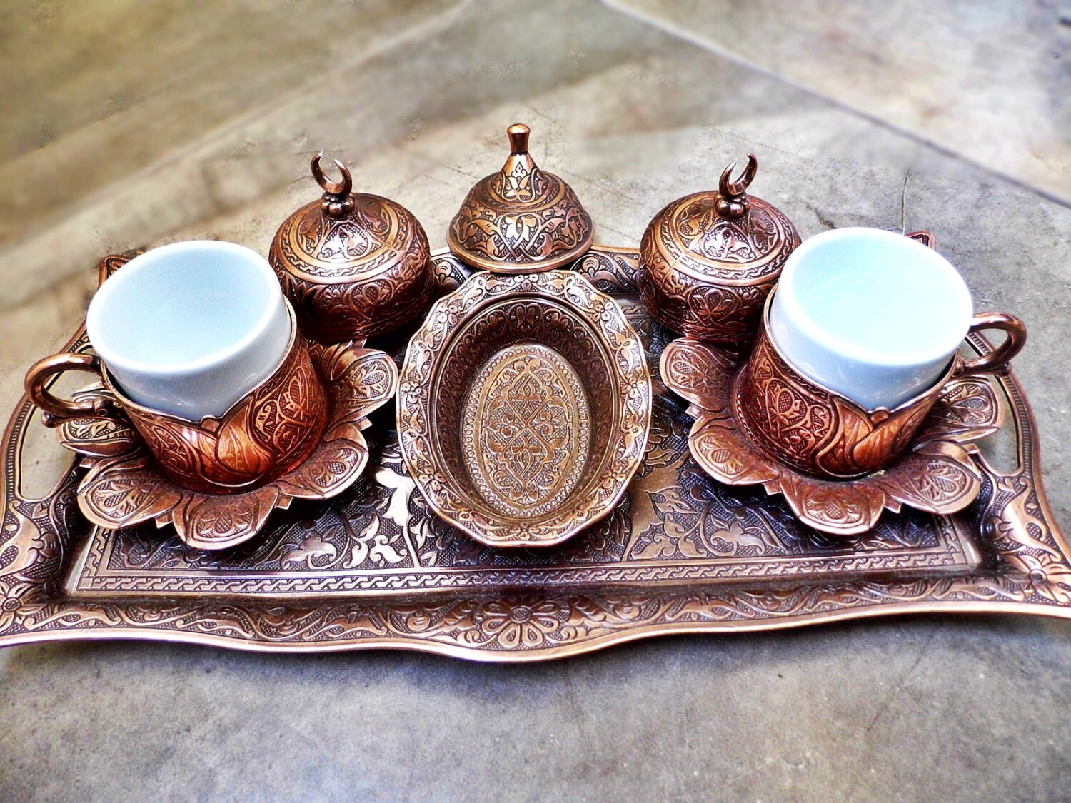 Copper Turkish Coffee Espresso Set Serving Plate By Turkishmuseum