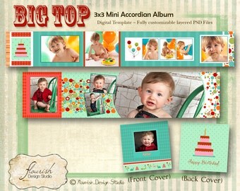 INSTANT DOWNLOAD - 3x3 Mini Accordion Album template - Big Top Baby Birthday Accordion Mini