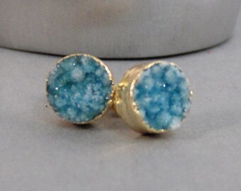 Aqua Blue Studs,Earrings,Gold Earrings,Aqua Earrings,Aqua Stud,Aqua Druzy,Aqua Druzie,Aqua STone,Aqua Geode,Gold and Aqua,Post Earring.