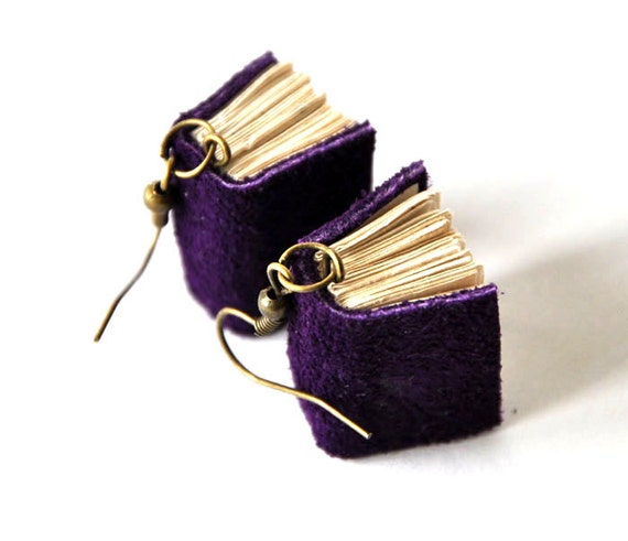 purple books earrings, mini book jewelry, leather book, literature ...