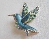 Vintage Liz Claiborne Hummingbird Rhinestone Brooch Pin, Blue Green Bird Brooch