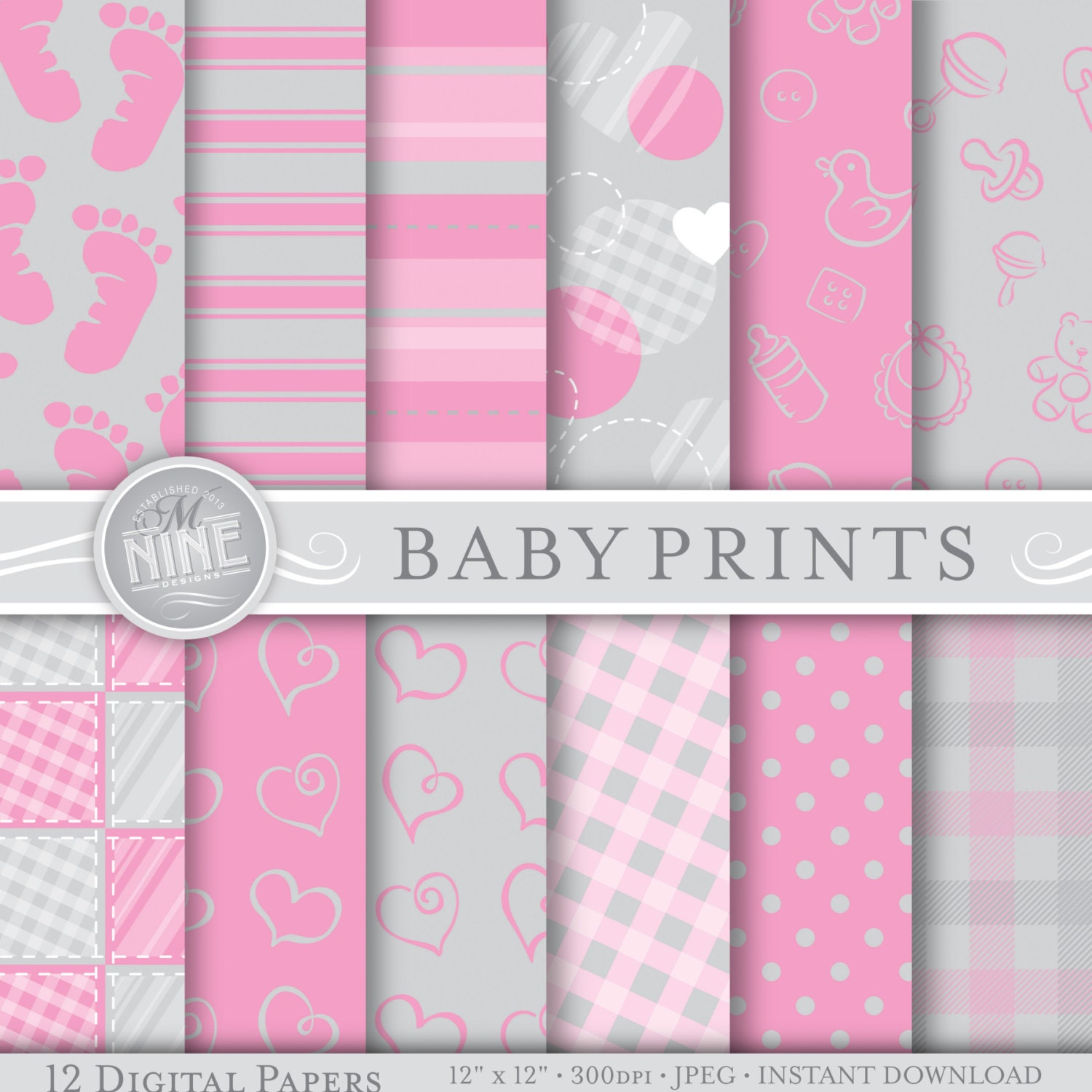 Baby Digital Paper: Grey &amp; Pink BABY GIRL Printable Patterns