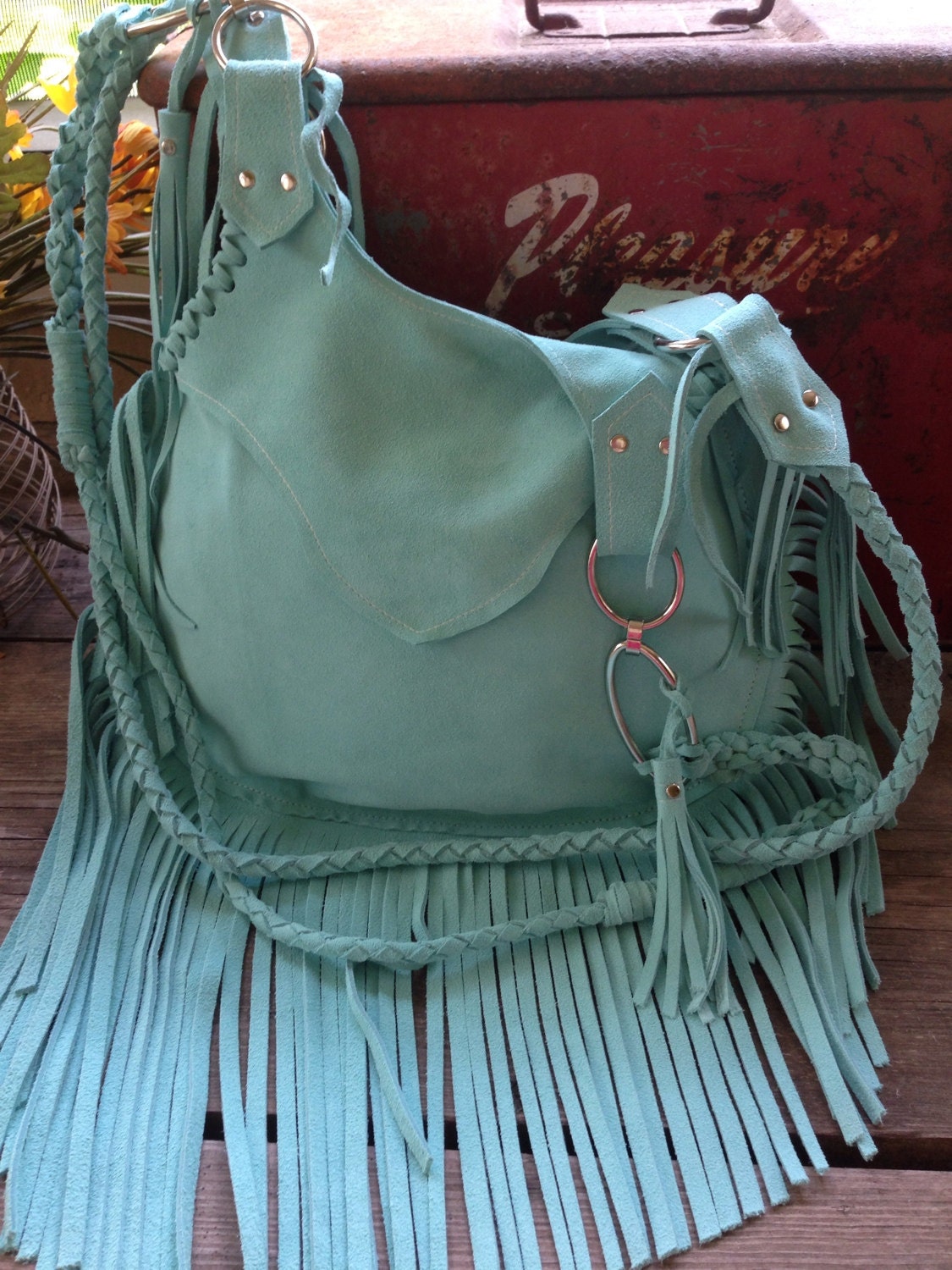SALE Fringe Boho Bag in Mint Suede / Suede Fringe Bag