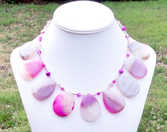 Hot Pink Necklace Pink Gemstone Necklace Pink Agate Necklace Pink Teardrop Gemstone Necklace 30mm x 40mm Large Gemstone Necklace Fun Pink