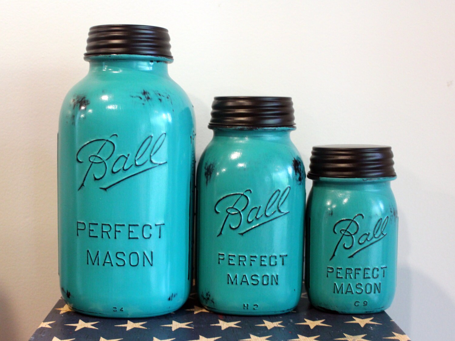 3 Piece Teal Mason Jar Canister Set Kitchen by HereOnTheFarm