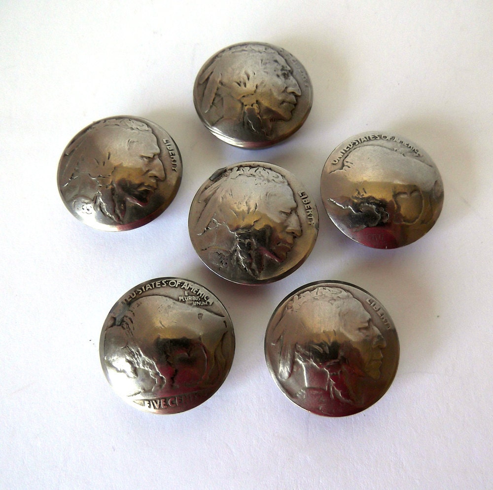 Indian Head Buffalo Nickel Button Covers Set of Six Vintage