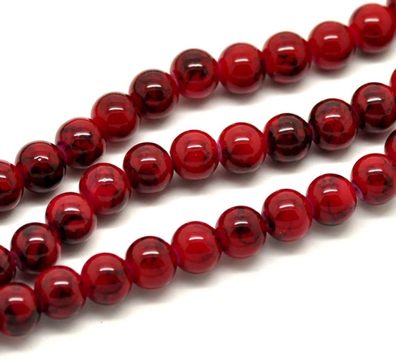 20 Glass Beads Dark Red Black Loose Bead Spacer Beads Marbled