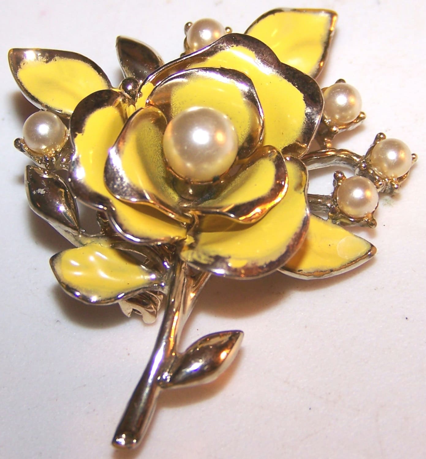 Vintage Coro Brooch Pin Yellow Rose with Pearls by AntiquesAtlanta