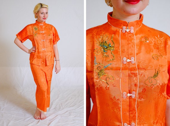 Vintage Orange Silk Oriental Pajamas / Medium