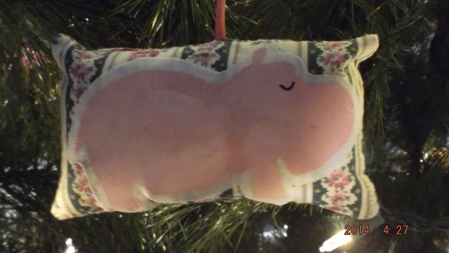 Pink Hippopotamus Stenciled Pillow Christmas Ornament on Floral Pillow FREE SHIPPING!