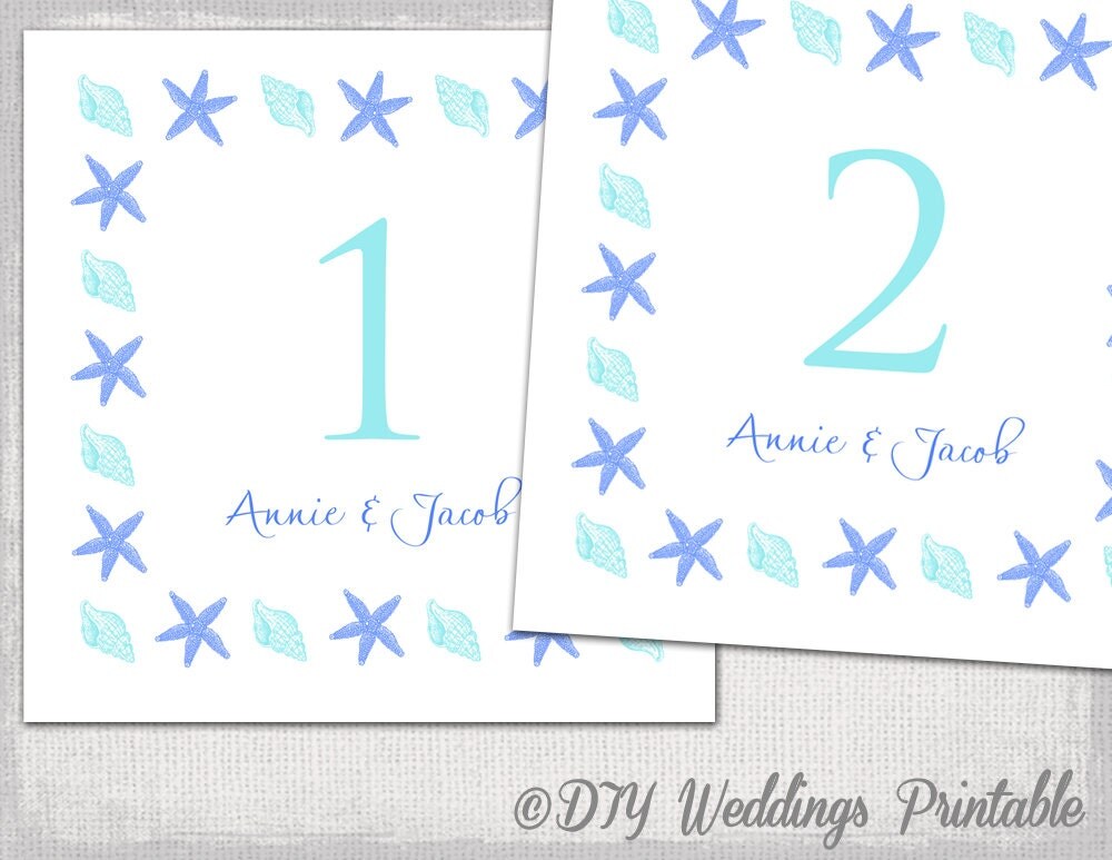 Beach Table numbers template DIY blue wedding table number