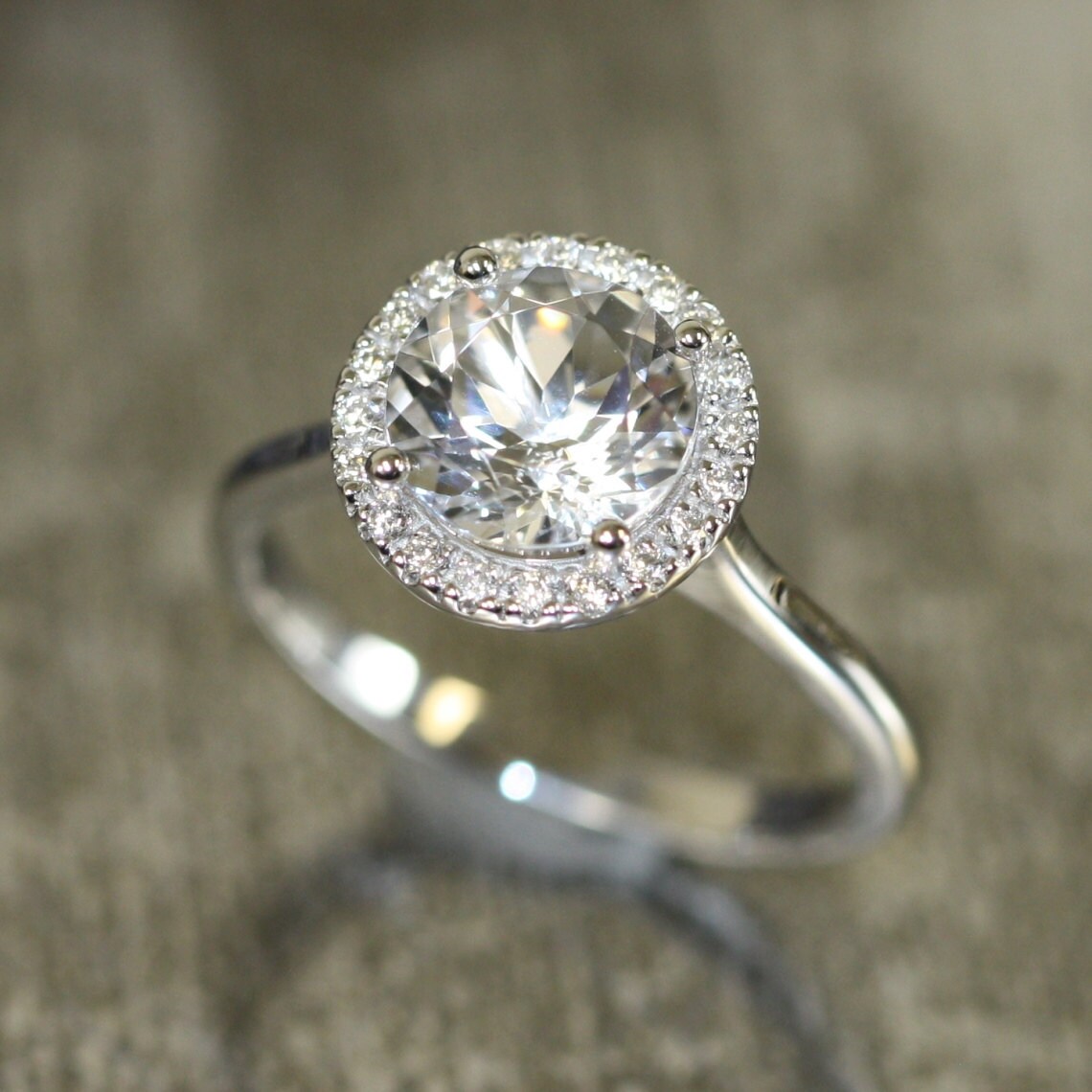 Natural White Topaz and Diamond Halo Engagement by LaMoreDesign