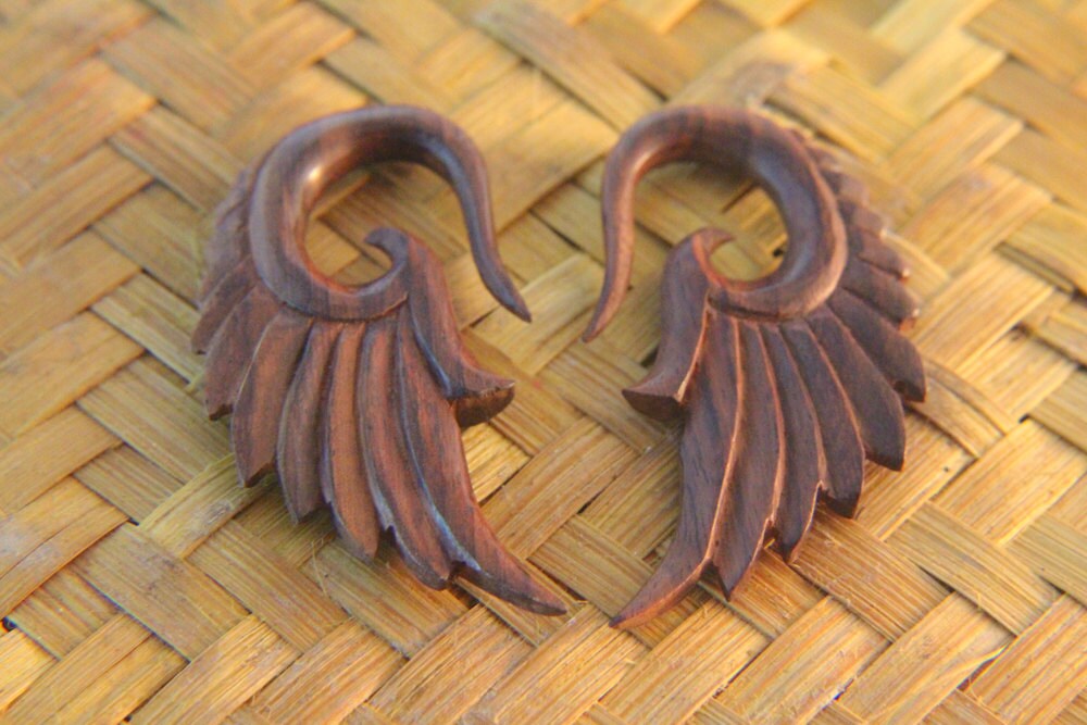 2g Wooden Ear Gauges Pair of Tribal Angel Wings Wood Earring